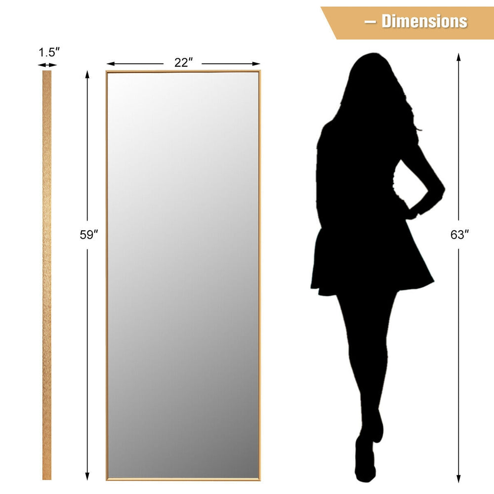 Full-length 59-inch golden rectangle mirror with aluminum alloy frame, ideal for bedroom or entryway decor.