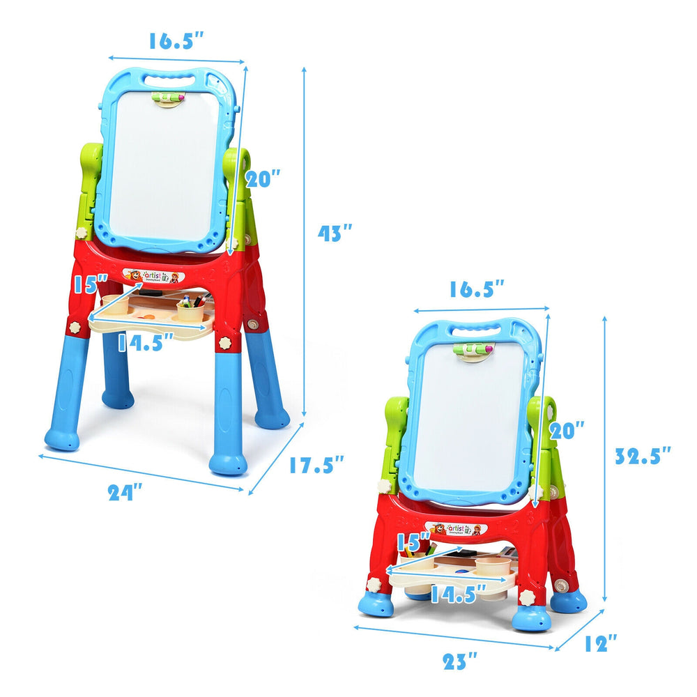 Height adjustable kids art easel with magnetic whiteboard and chalkboard, featuring a spacious storage tray for art.