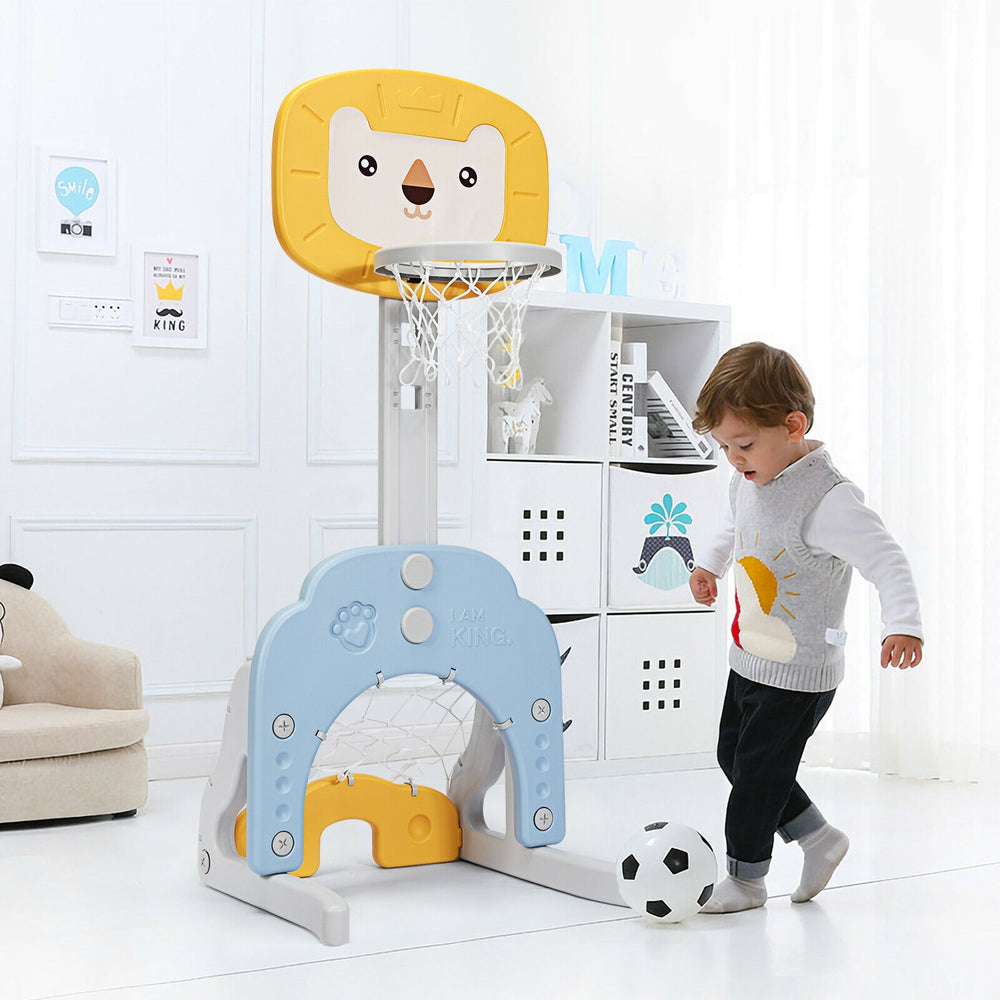 Adjustable kids basketball hoop set in yellow, featuring soccer and golf games, suitable for ages 2 to 7 for indoor or.