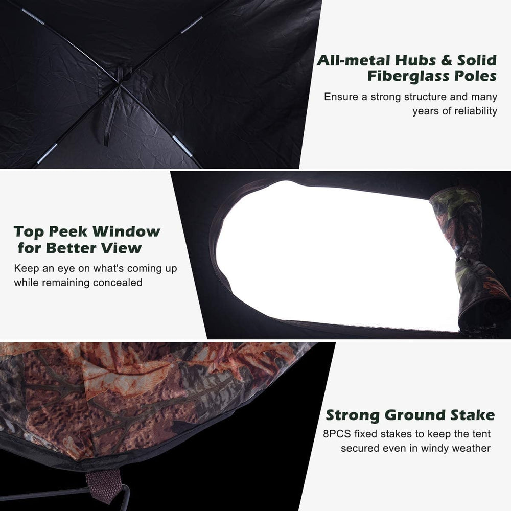 Portable pop-up ground camo blind with shoot-through mesh windows and top peek window for enhanced visibility and.