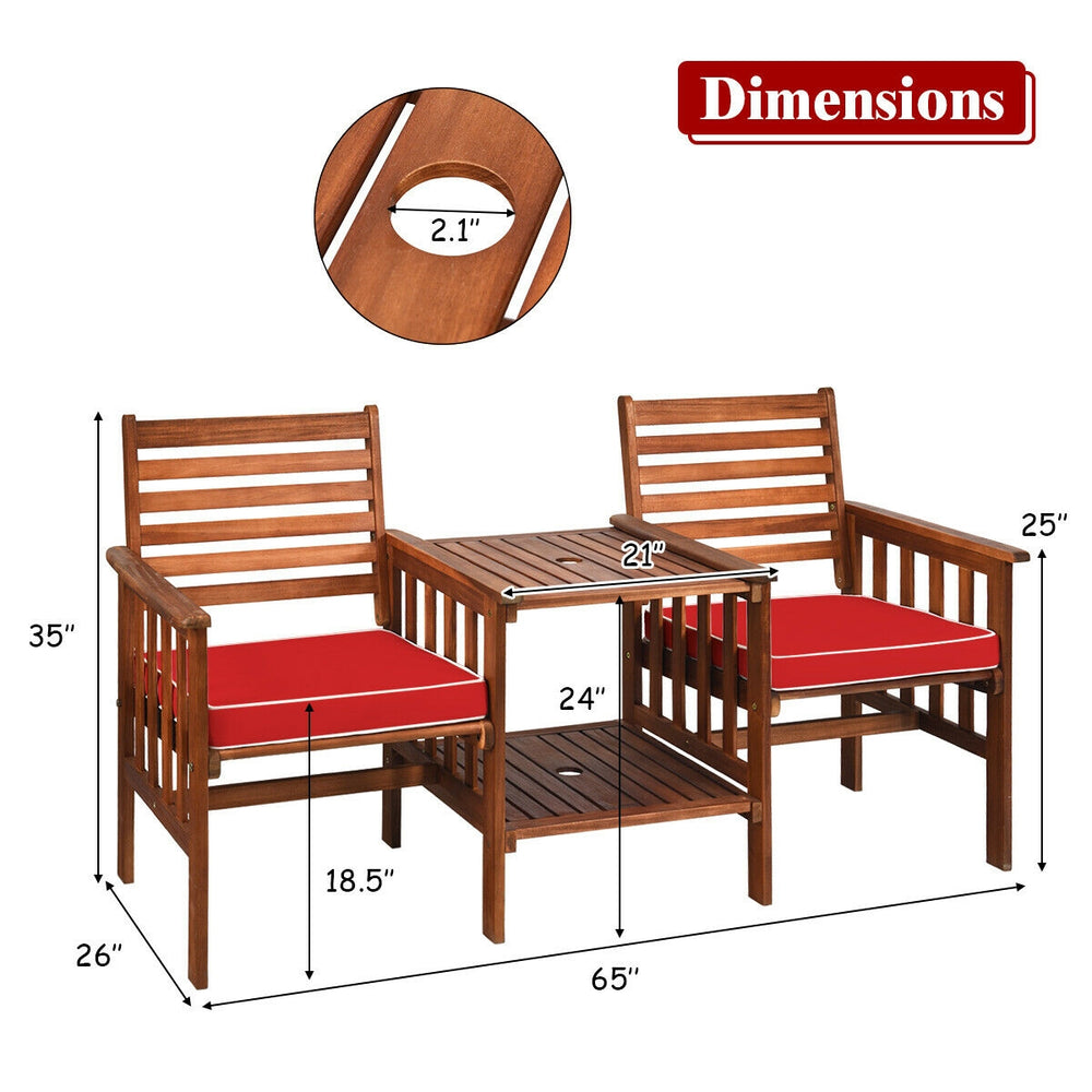 Acacia wood outdoor patio loveseat set with red cushions, featuring a coffee table and umbrella hole for outdoor use.
