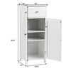 Wooden bathroom floor storage cabinet in pure white with drawer, adjustable shelves, and door for organized storage.