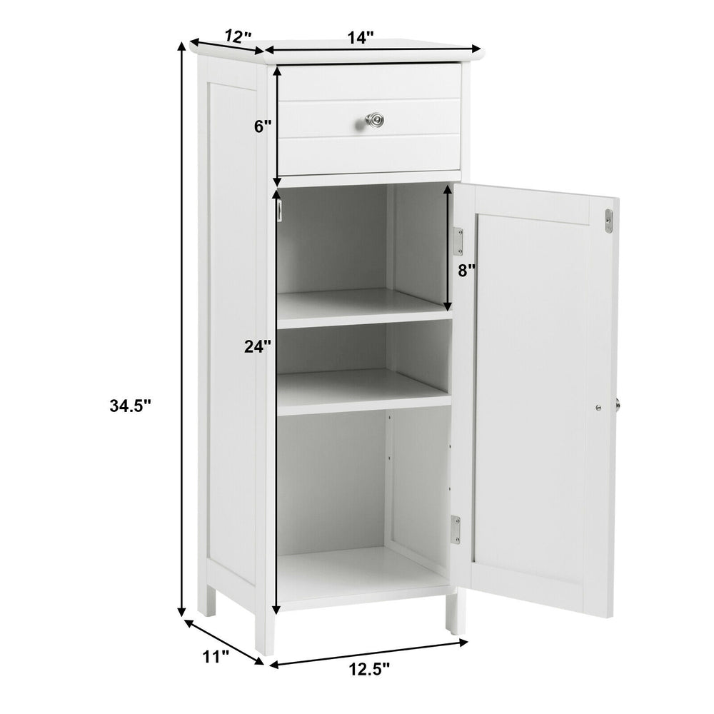 Wooden bathroom floor storage cabinet in pure white with drawer, adjustable shelves, and door for organized storage.