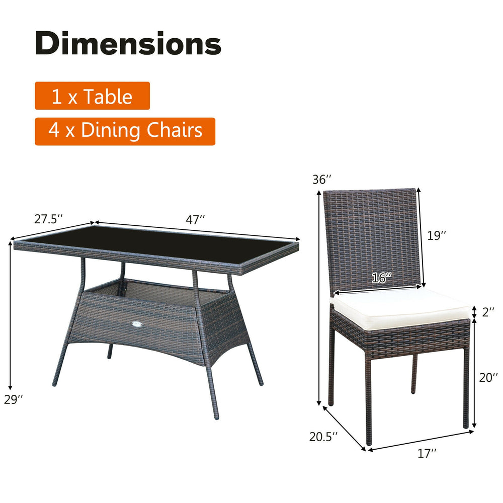 Dimensions of the 5-piece rattan dining set with a glass table and high back chairs, ideal for outdoor dining.