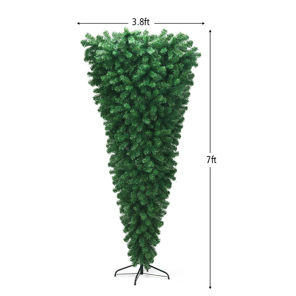 7ft unlit upside down artificial Christmas tree with 1000 branch tips, green PVC material, and sturdy metal stand for.