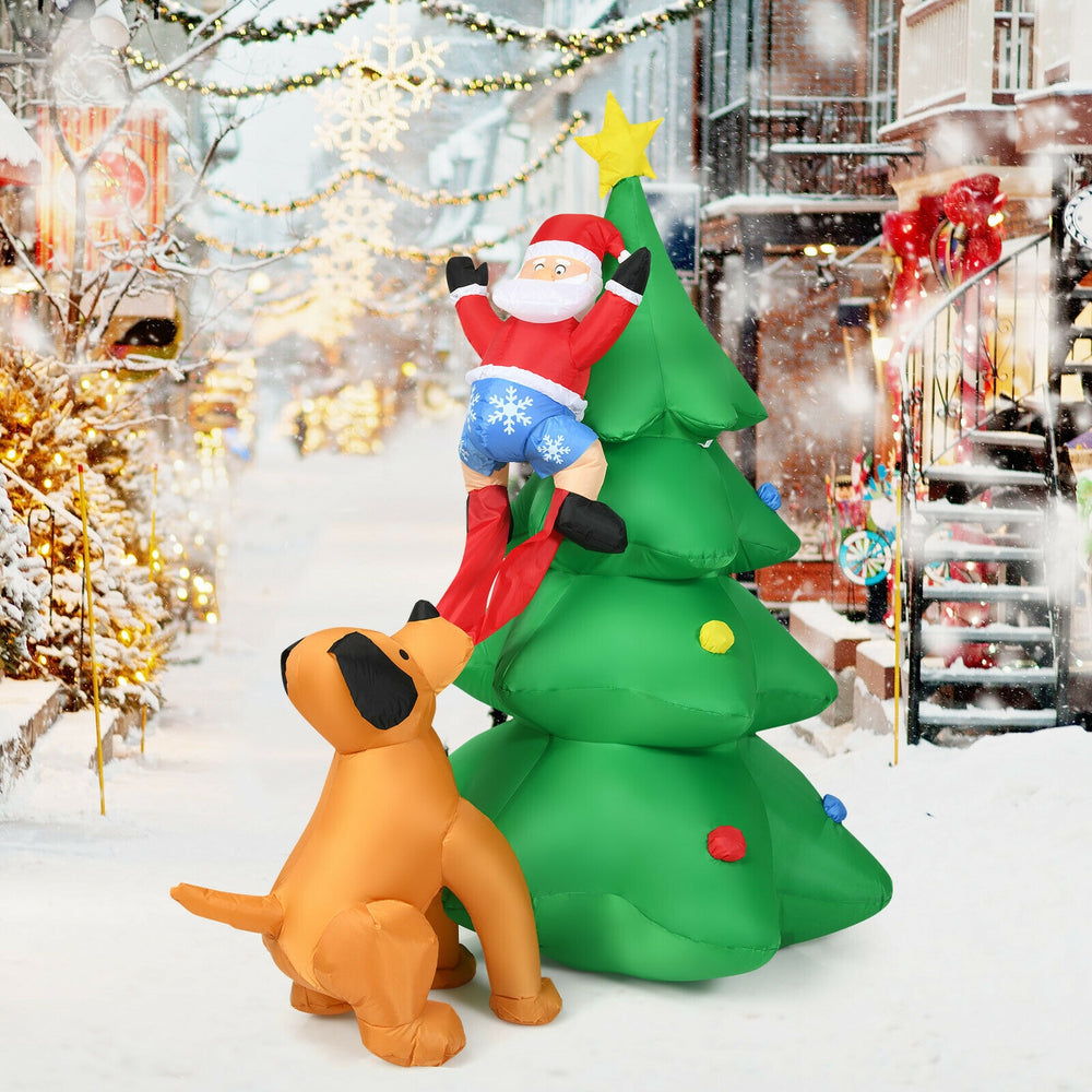 Inflatable Christmas tree with Santa and dog, featuring LED lights, suitable for outdoor decoration and stability in.