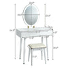 Touch screen vanity makeup table set with lighted elliptical mirror, white finish, includes stool and adjustable.