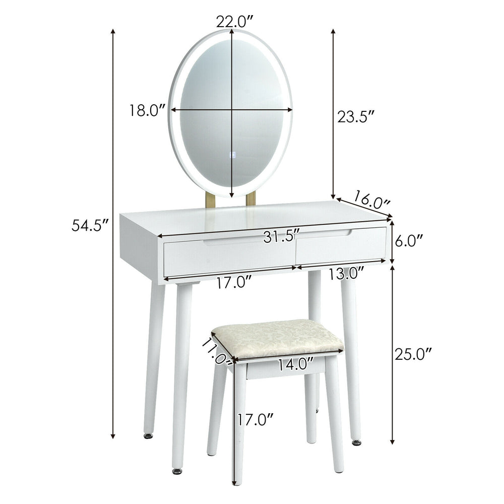 Touch screen vanity makeup table set with lighted elliptical mirror, white finish, includes stool and adjustable.