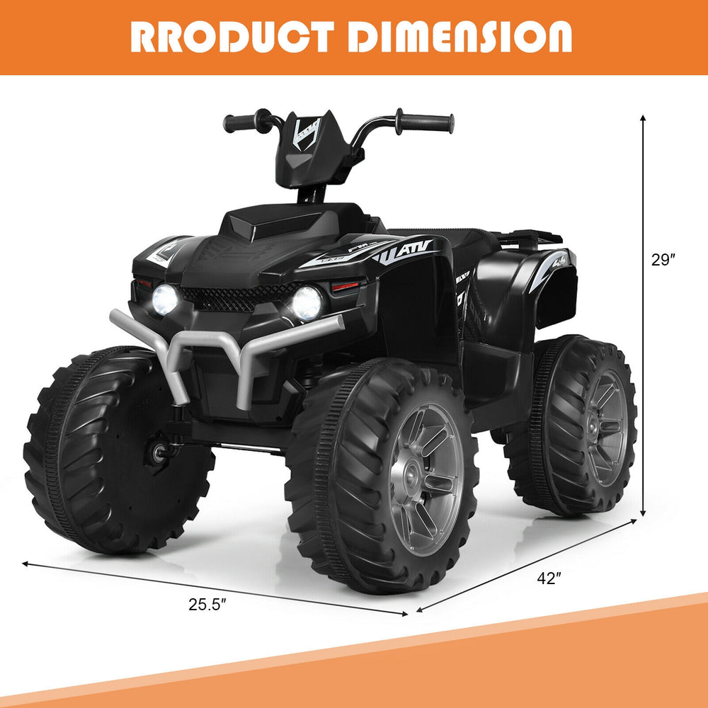 Black 12V kids ride-on ATV with LED lights, treaded tires, and dimensions 42" x 25.5" x 29", perfect for outdoor fun.