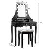 Black vanity dressing table set with 10 dimmable bulbs, cushioned stool, and 5 storage drawers for cosmetics.