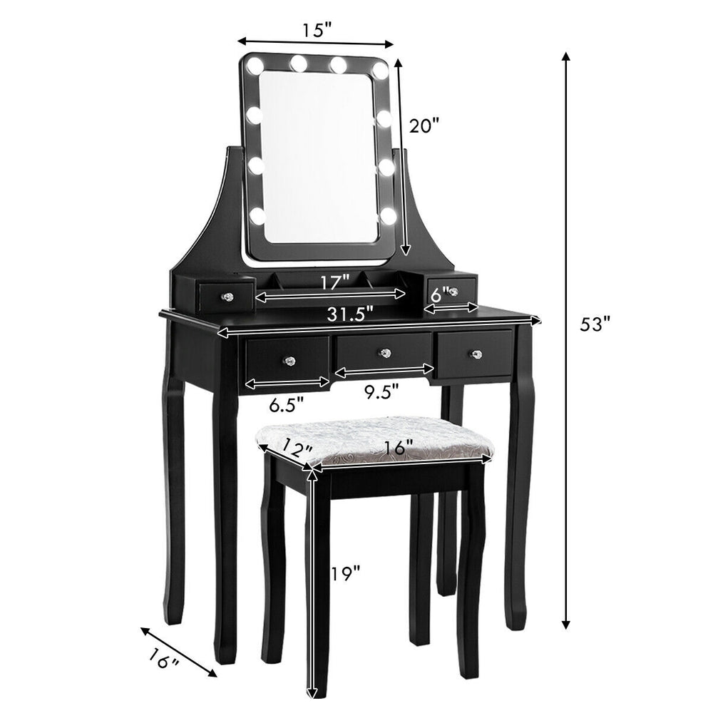 Black vanity dressing table set with 10 dimmable bulbs, cushioned stool, and 5 storage drawers for cosmetics.