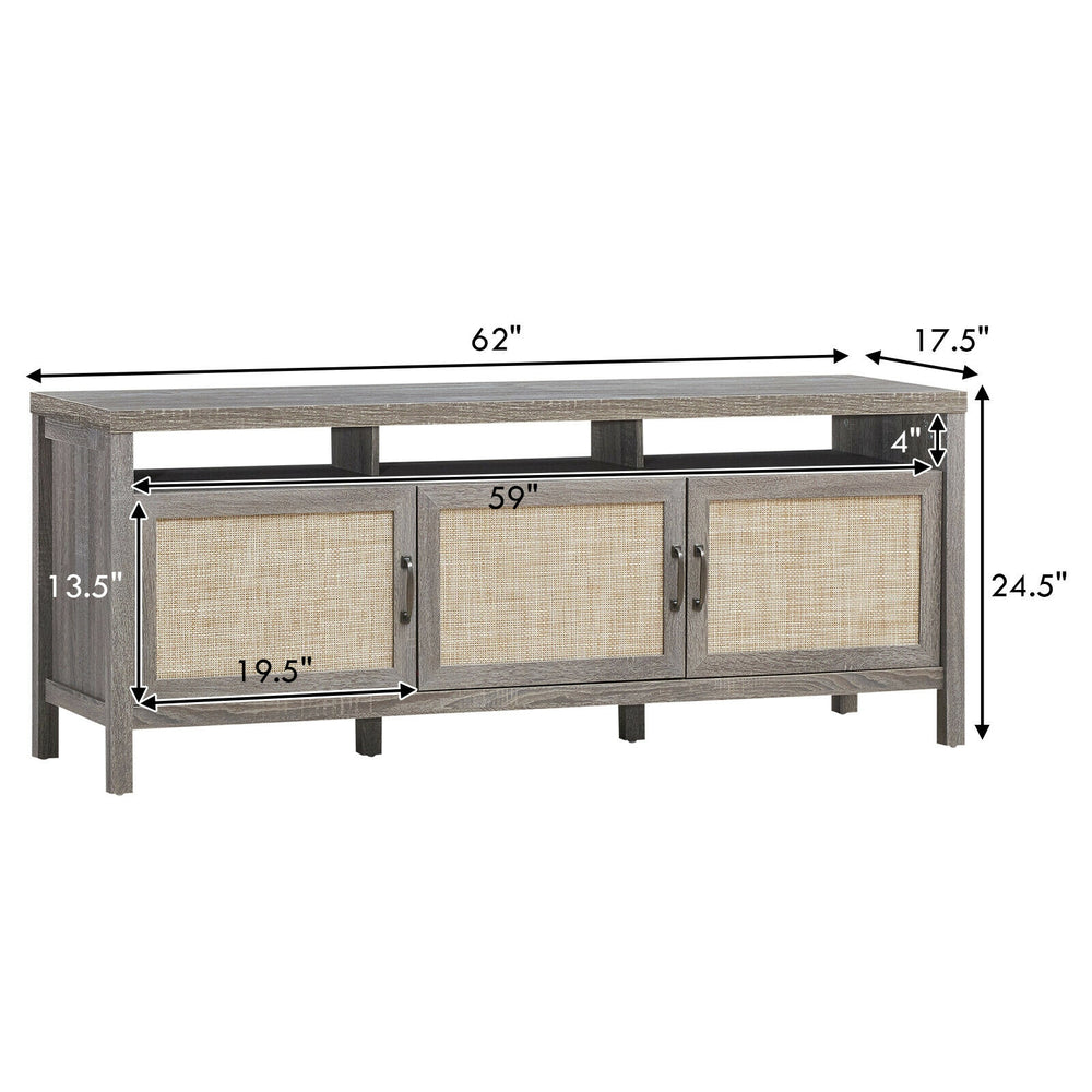 Gray Universal TV stand with three cabinets and open shelf, suitable for TVs up to 65 inches, offering ample storage.