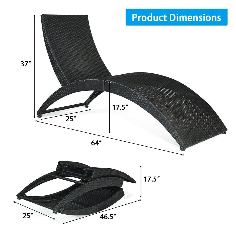 Folding patio lounge chair with ergonomic curve, made of weather-resistant PE rattan, ideal for outdoor relaxation.