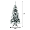 Snow flocked pencil Christmas tree, 4.5ft tall with 150 warm LED lights, perfect for small spaces and festive decor.