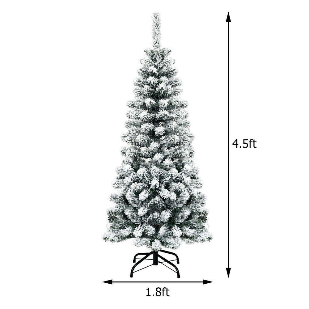 Snow flocked pencil Christmas tree, 4.5ft tall with 150 warm LED lights, perfect for small spaces and festive decor.