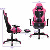 Gaming chair in pink with adjustable backrest, footrest, and USB massage lumbar pillow for ultimate comfort.