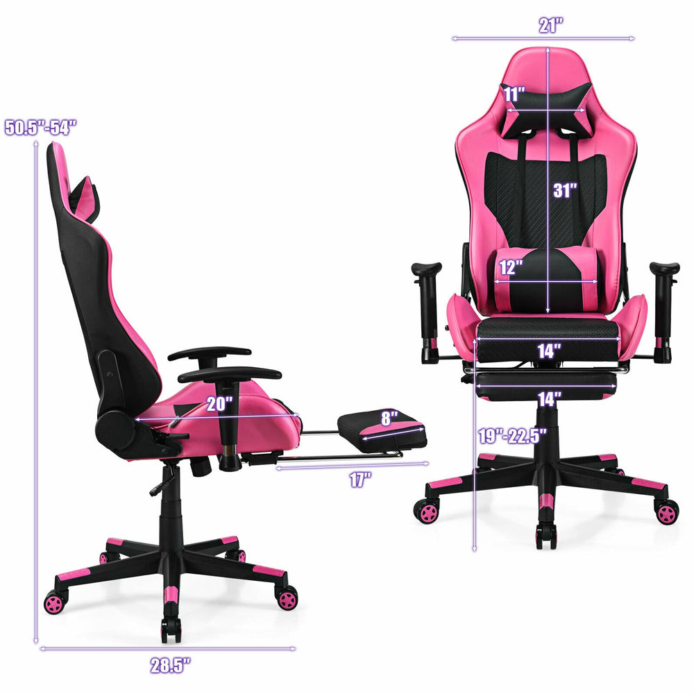 Gaming chair in pink with adjustable backrest, footrest, and USB massage lumbar pillow for ultimate comfort.