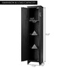 Tall black linen tower bathroom storage cabinet with four shelves, dimensions 72" x 17" x 16", ideal for small spaces.