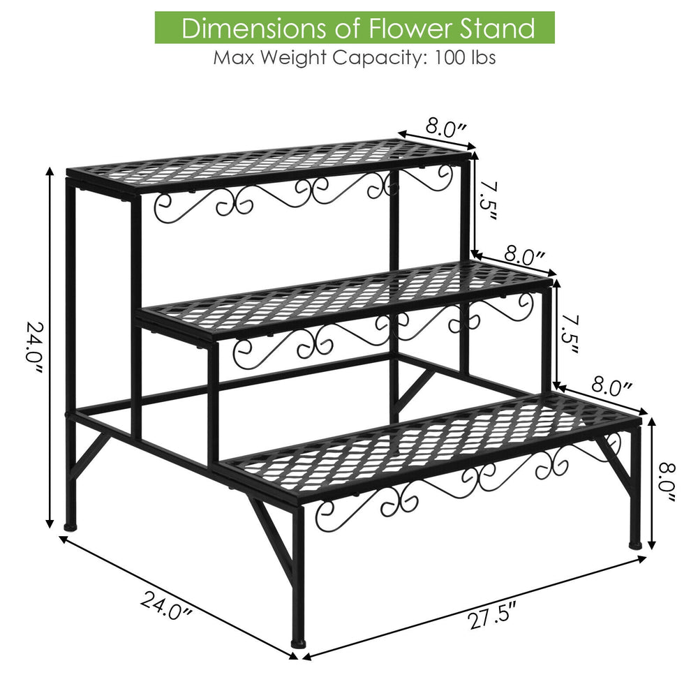 Three-tier metal decorative plant stand with elegant design, measuring 24" x 24" x 30", perfect for indoor or outdoor.