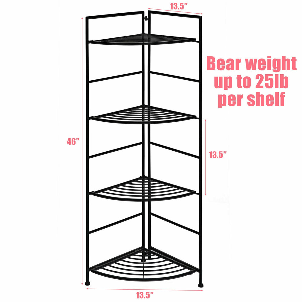 4-tier folding metal shelf plant stand in black, featuring a heavy-duty steel frame for outdoor and indoor use.
