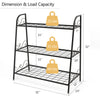 3-tier metal plant stand shelf with dimensions and load capacity details, ideal for plants, shoes, and decorations.