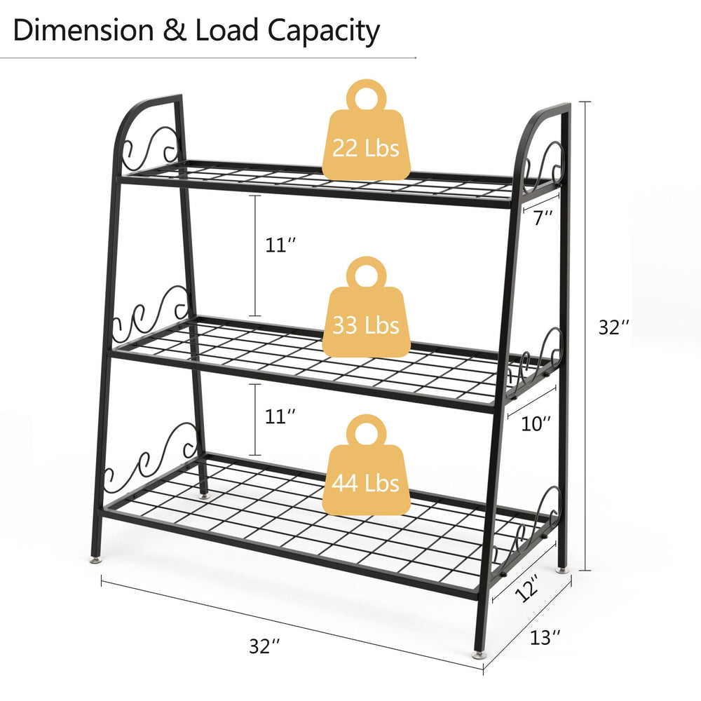 3-tier metal plant stand shelf with dimensions and load capacity details, ideal for plants, shoes, and decorations.