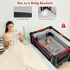 4-in-1 convertible portable baby play yard in red with breathable mesh, soft mattress, and hanging toys for versatile.