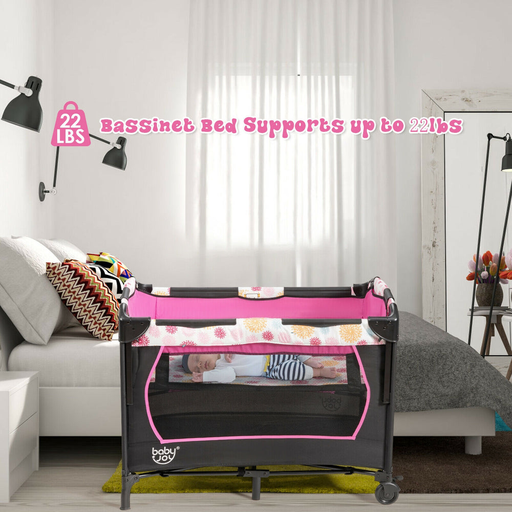 3-in-1 Convertible Portable Baby Playard with Music Box and Wheel and Brakes-Pink - Gallery View 1 of 8