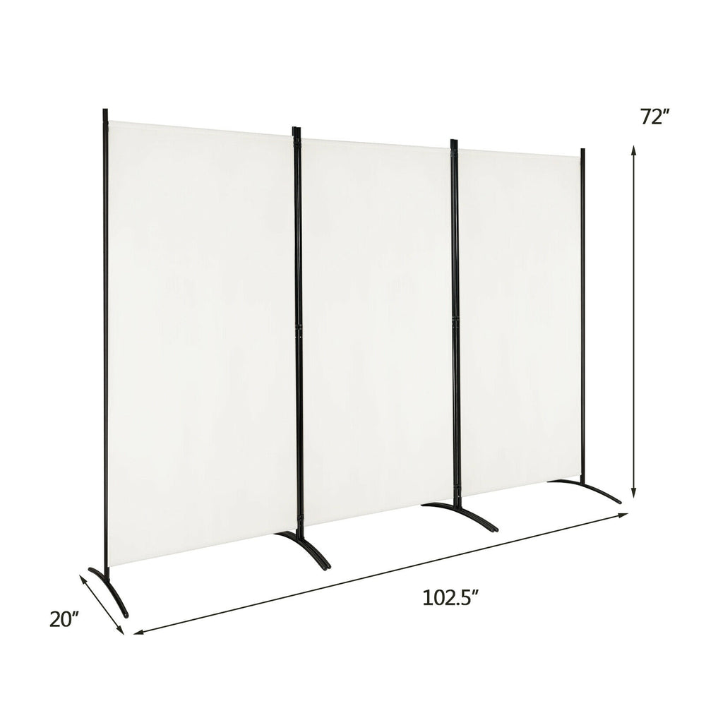 3-panel folding privacy partition screen in white, made of polyester fabric and steel, ideal for office or home use.