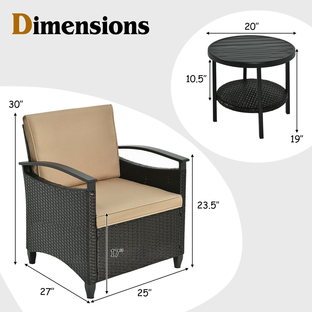 Cushioned patio chair with PE rattan and steel frame, featuring a sloping backrest for comfort and stability.