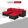 L-shaped 5-piece patio rattan sofa set with red cushions and ottoman, featuring durable PE rattan for outdoor use.
