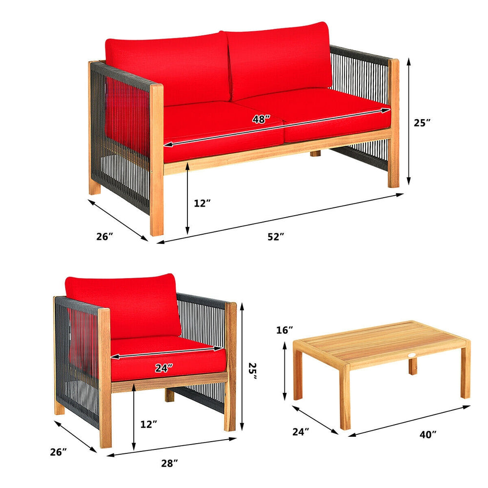 Acacia wood outdoor patio loveseat with red cushions, featuring a sturdy frame and removable cushion covers for easy.