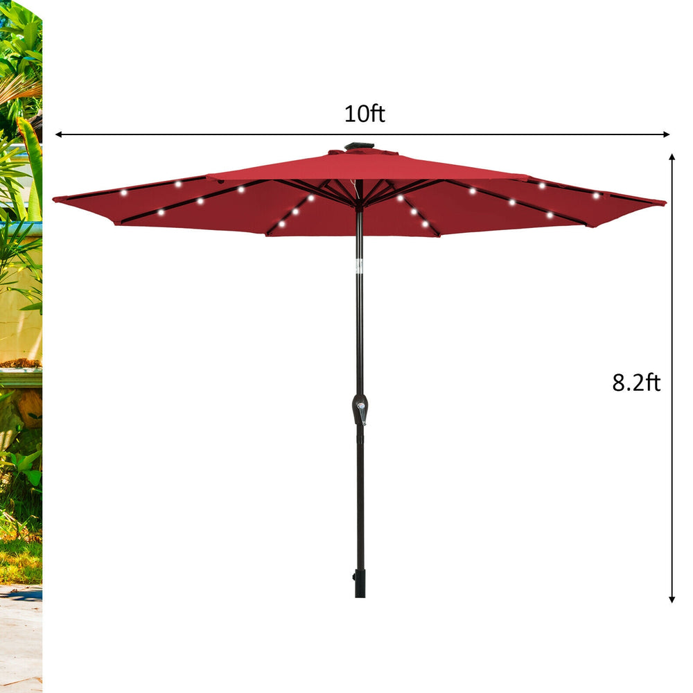 10' solar LED lighted patio umbrella in dark red with a convenient crank and sturdy iron pole for reliable outdoor.