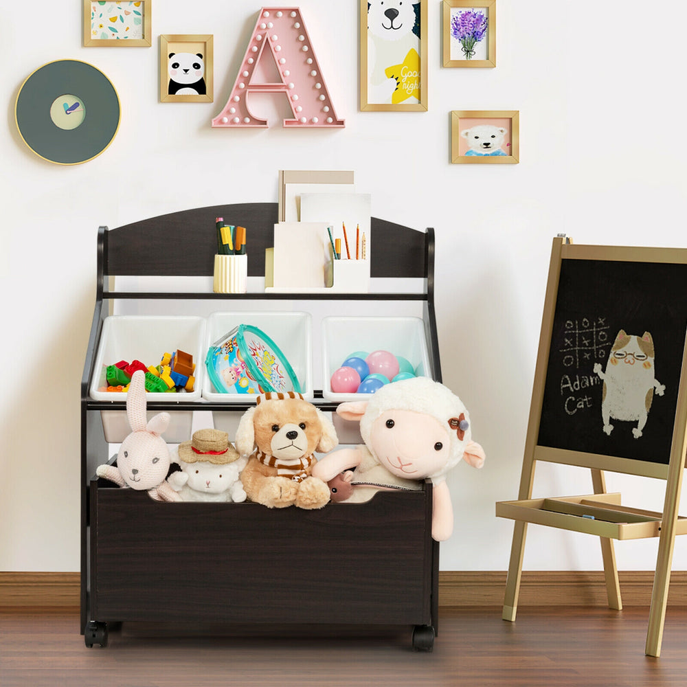 Kids wooden toy storage unit organizer in espresso with rolling toy box and removable bins for easy toy organization.