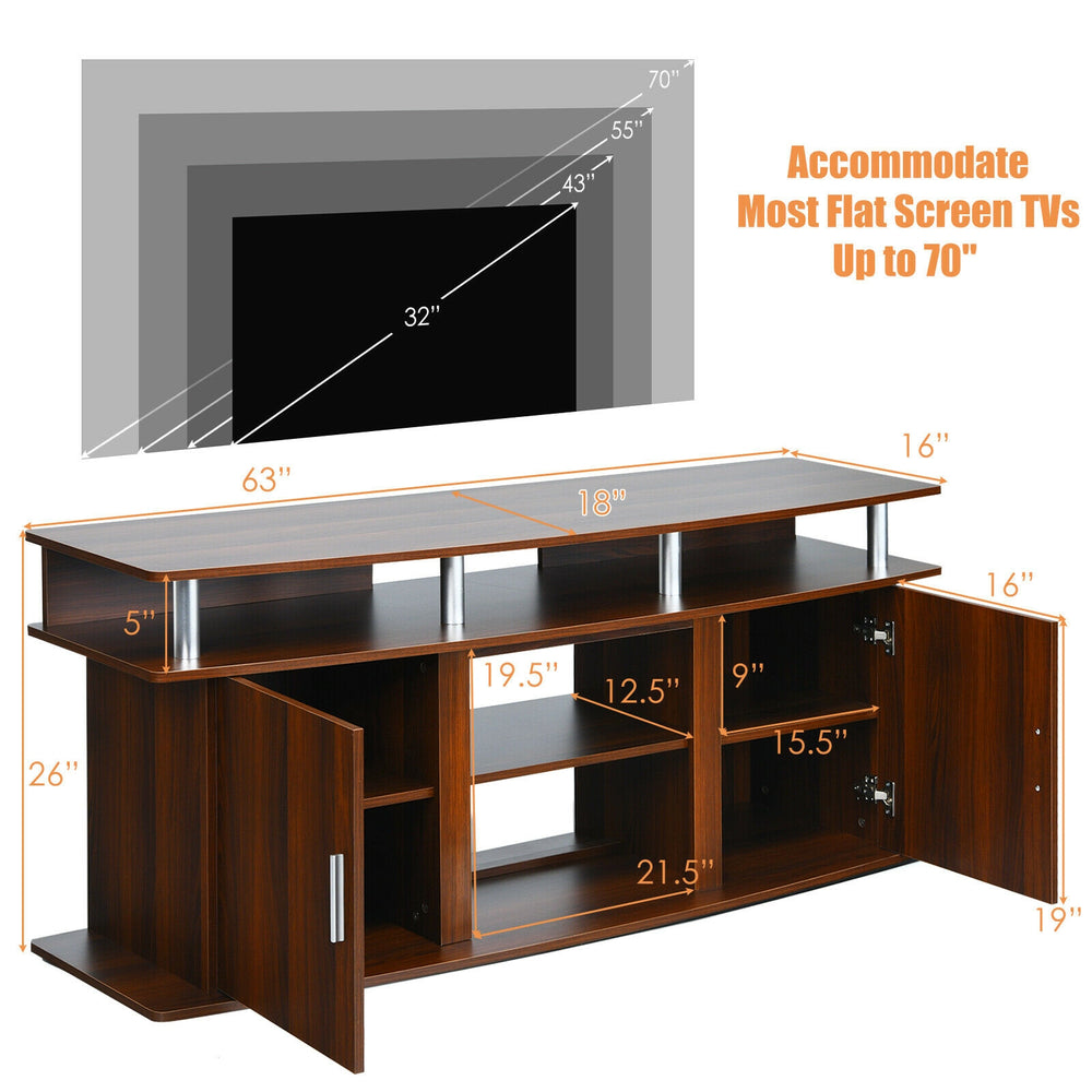 63-inch walnut TV entertainment console with 2 cabinets, open shelves, and removable central shelf for versatile.