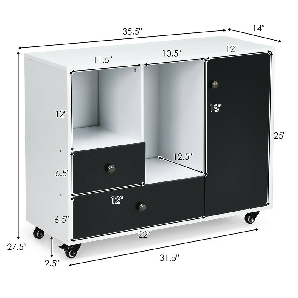 Lateral mobile filing cabinet in black and white with 2 drawers, 2 open shelves, and adjustable cubbies for versatile.