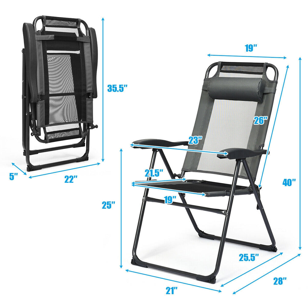 Adjustable reclining folding chair in gray with removable headrest, perfect for patio, garden, or camping use.