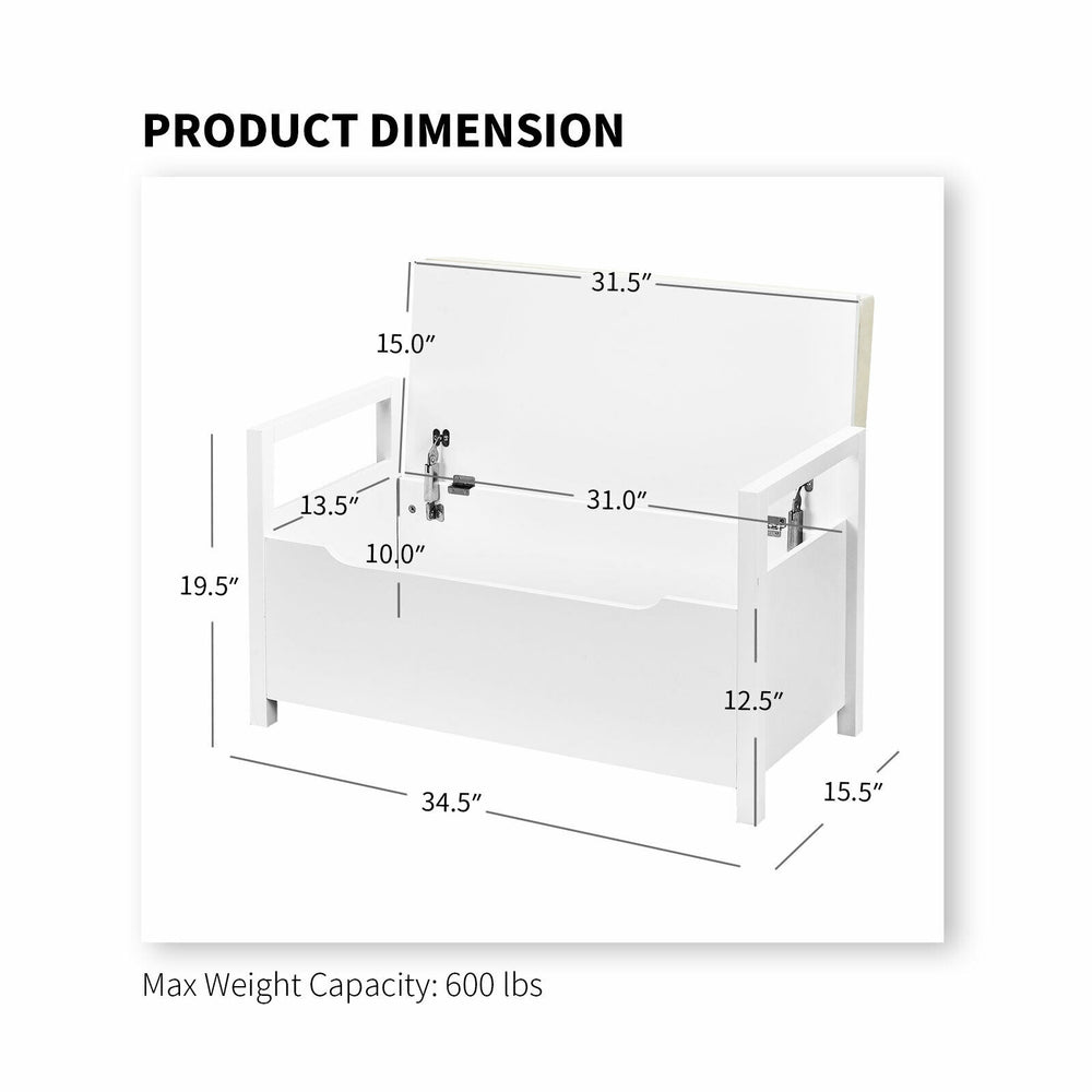 Shoe storage bench dimensions with removable cushion, 34.5 ×15.5 ×19.5 inches, made of non-toxic MDF in white.