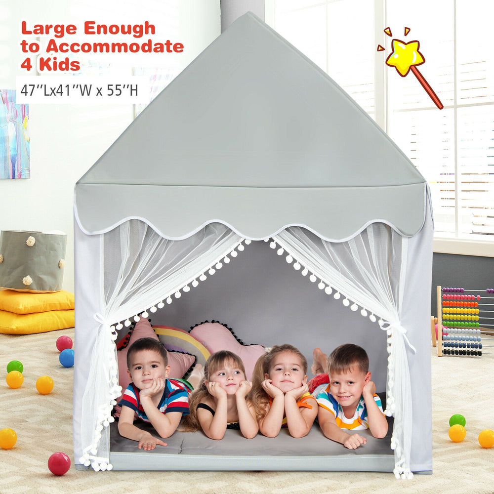 Kids large play castle fairy tent in gray with mat, spacious for 4 kids, perfect for indoor and outdoor fun.