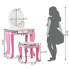 Kids wooden makeup dressing table and chair set in pink with mirror, drawer, and round edge design for safety.