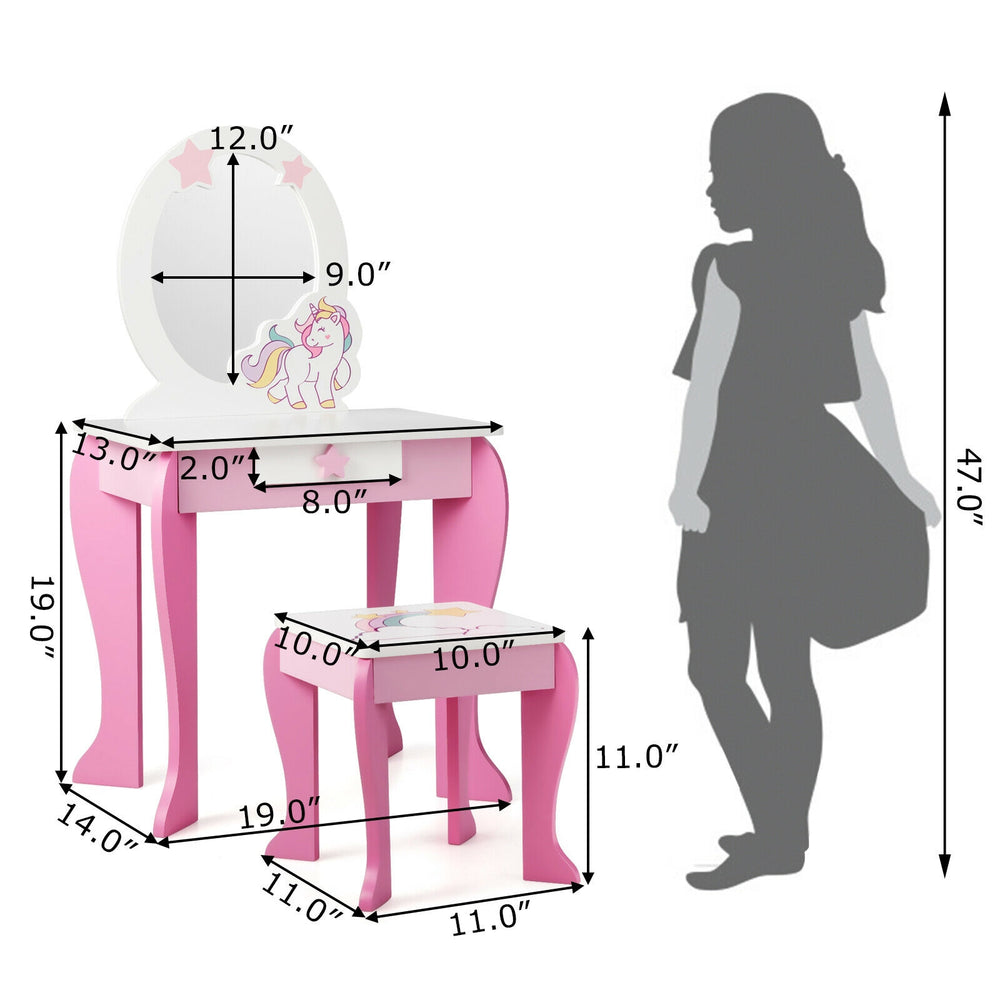 Kids wooden makeup dressing table and chair set in pink with mirror, drawer, and round edge design for safety.
