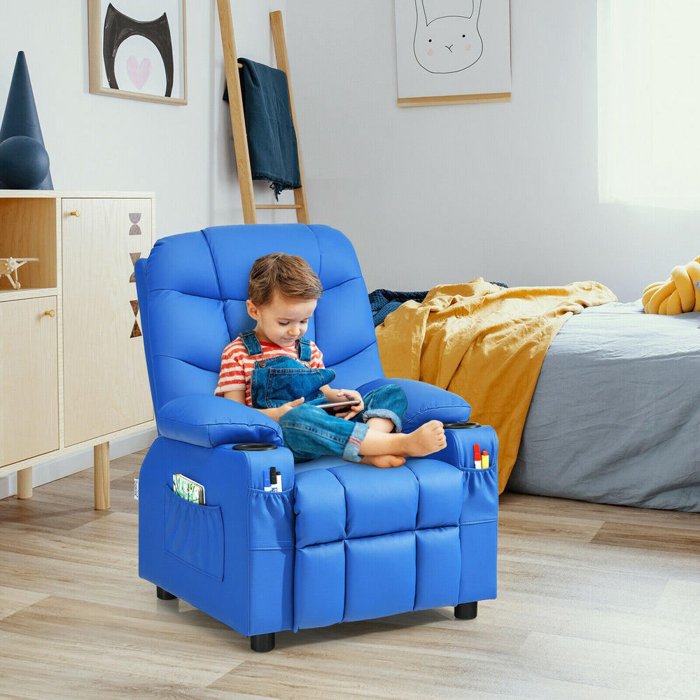 Kids recliner chair in blue with cup holder and footrest, designed for comfort and storage, perfect for children's.