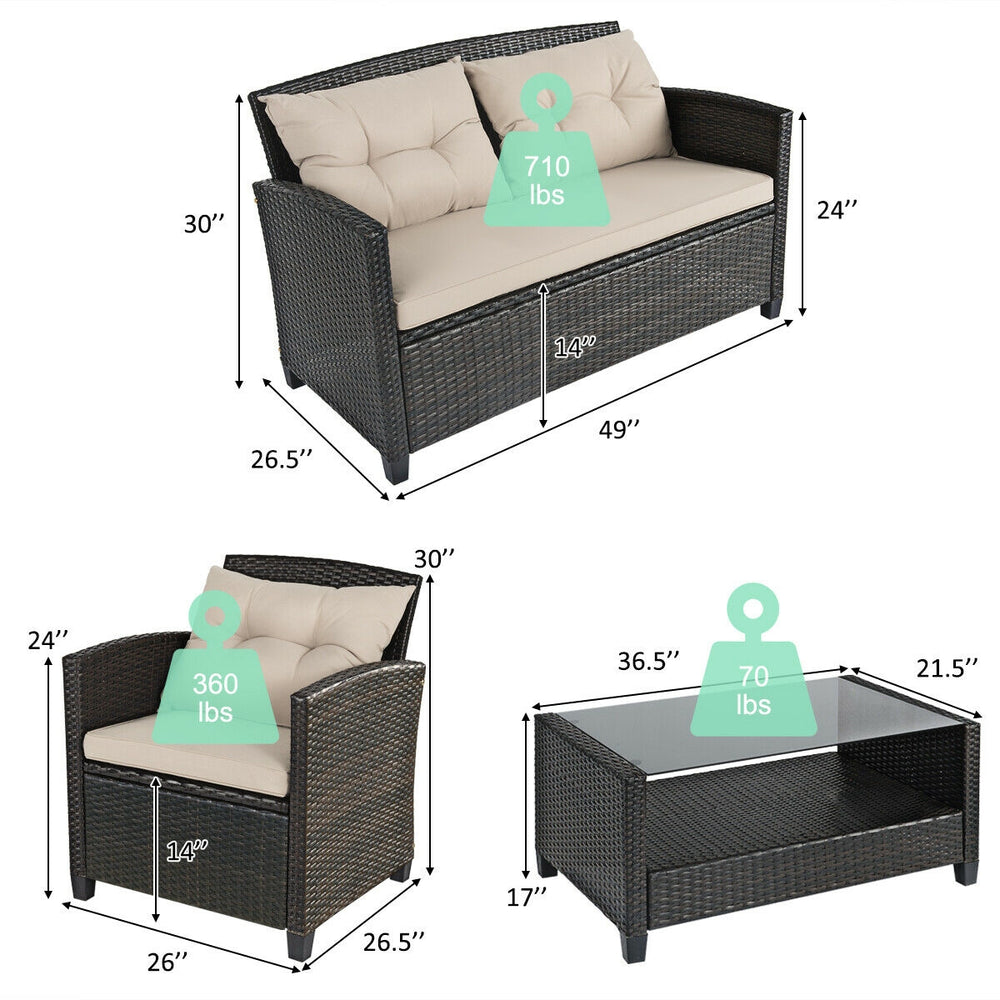 Loveseat and single sofa from the 4 Pieces Outdoor Rattan Furniture Set with beige cushions for backyard relaxation.