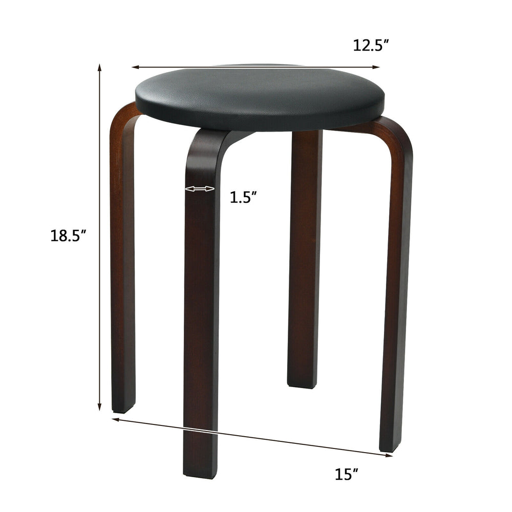 Stackable bentwood round stool with padded black seat, 18.5" height, 15" diameter, ideal for dining or extra seating.