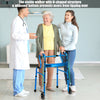 Stable blue aluminum heavy-duty folding wheeled walker with dual-tier armrests, designed for easy standing and safety.