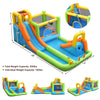 Inflatable water slide park with climbing wall, trampoline, and safety netting, ideal for outdoor fun and play.