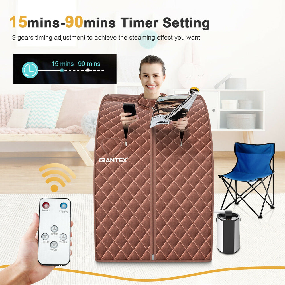Portable personal steam sauna tent in coffee color with remote control, perfect for home relaxation and health care.