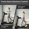 Folding treadmill with digital display, purple design, supports 0.6-12.8 mph, ideal for home or office use.