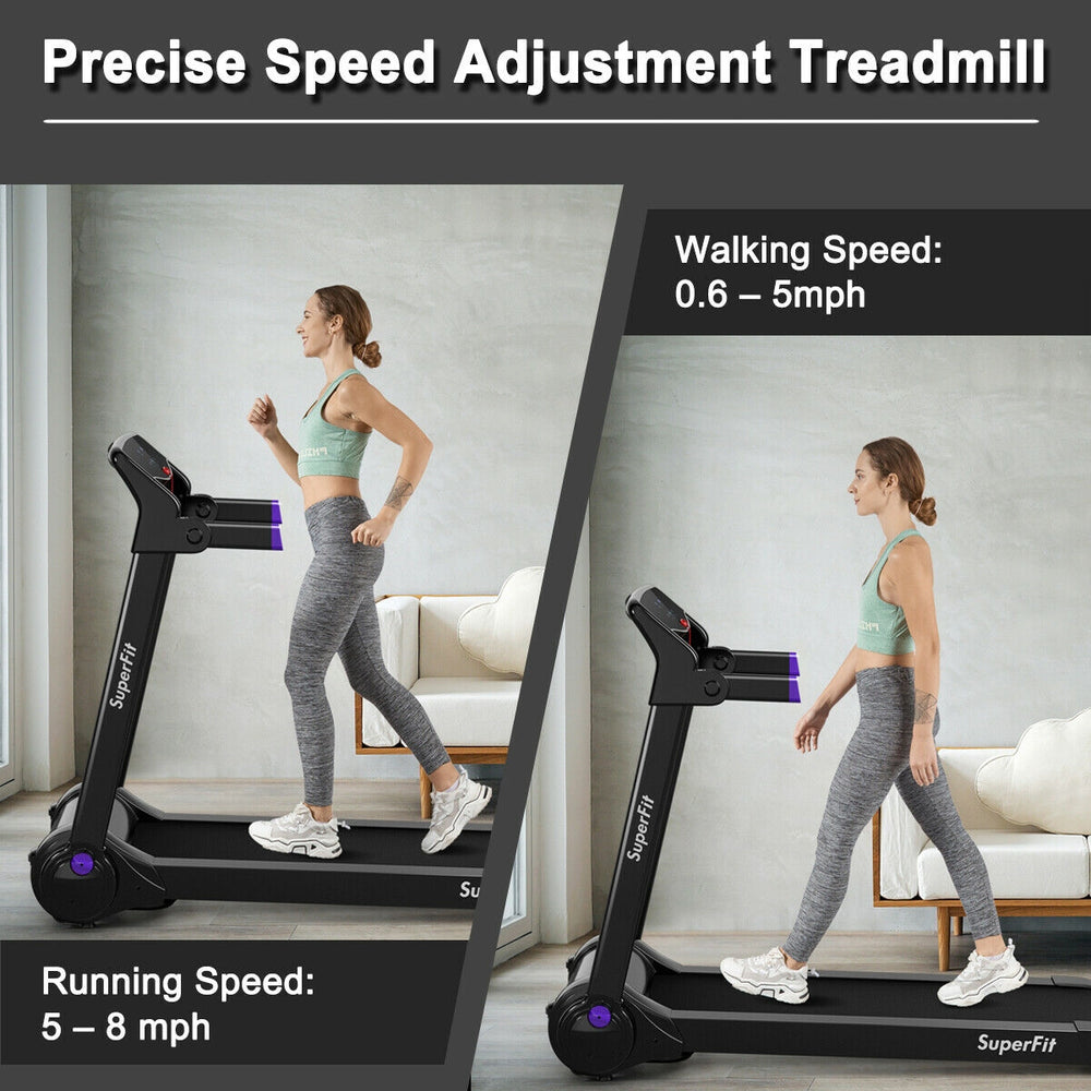 Folding treadmill with digital display, purple design, supports 0.6-12.8 mph, ideal for home or office use.