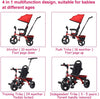 4-in-1 kids tricycle in red with adjustable push handle, removable canopy, and safety features for ages 10 months to 5.